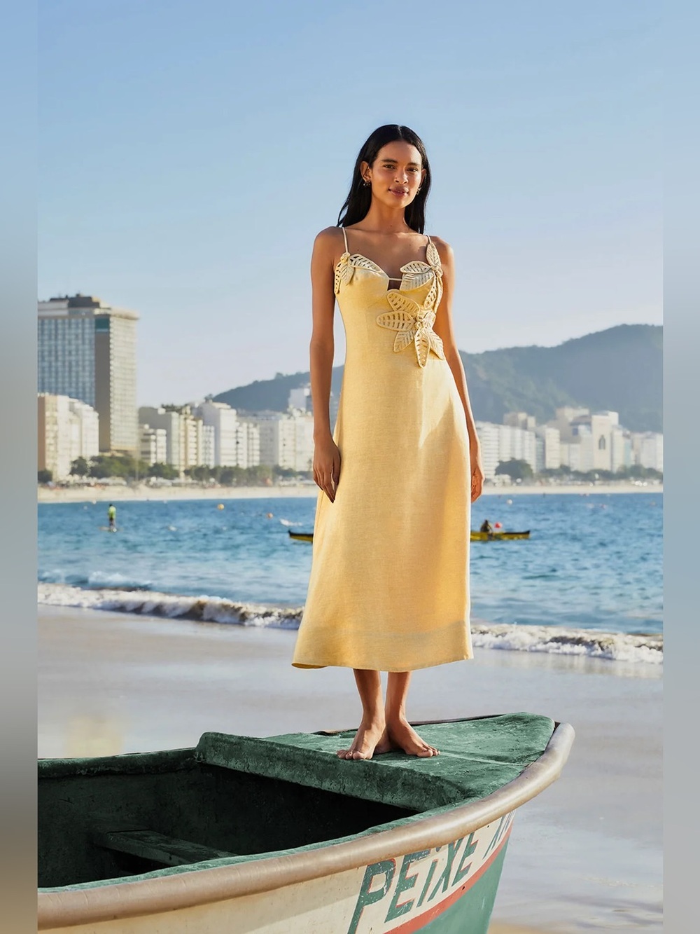 Farm Rio FR Sand 3D Flower Flowered Bust Linen Midi Dress Size M Medium NWT
